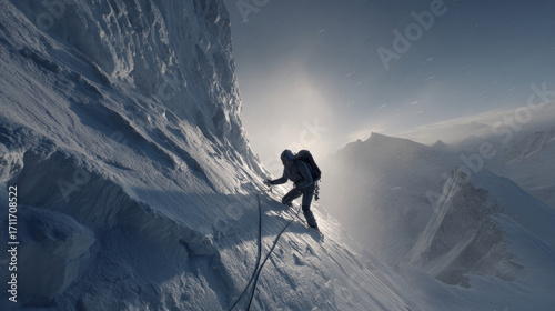 alpinist climbing a snowy mountain