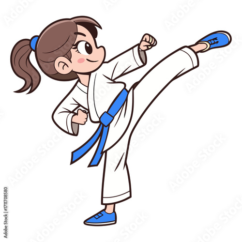 Karate girl performing a high kick in a minimal flat design vector illustration