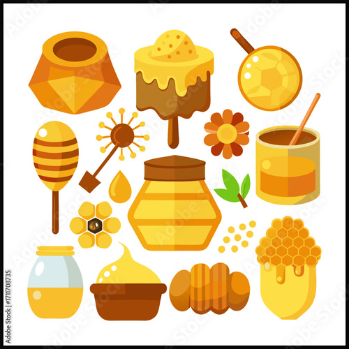 Bee honey set vector illustration. Cartoon isolated sweet beekeeping farm food products collection with honeycomb, glass jar and spoon with yellow liquid, bread and cake with honey, honeybee insect