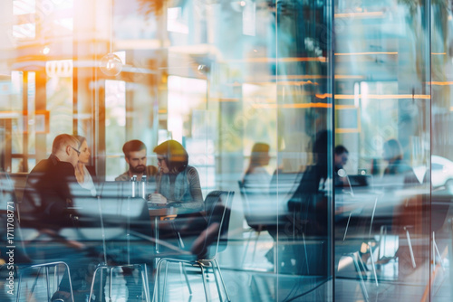People enjoying a lively conversation in a modern cafe during the day with large glass windows reflecting the urban scene outside