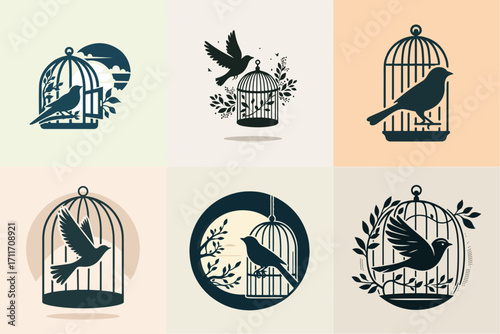 vector illustration set of birds in cages
