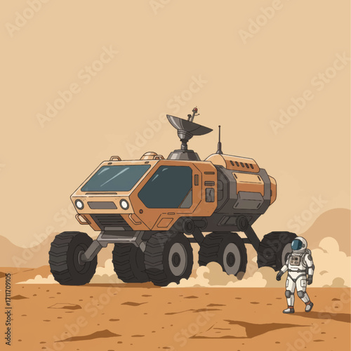 Astronaut and Mars Rover Exploring Alien Planet Surface.