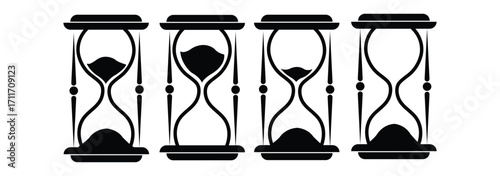 set of sand clock illustrations with varying frames and sand amounts. Hourglass shapes in multiple variations. Vector icon set of hourglasses with falling sand