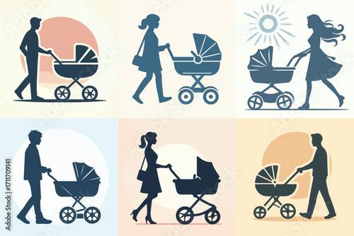 vector illustration set of people pushing baby strollers