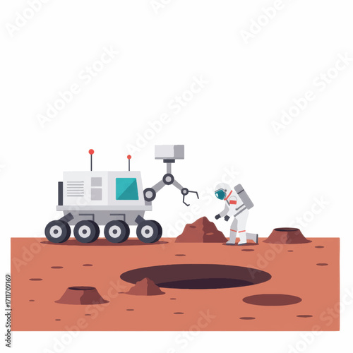 Astronaut and rover exploring the surface of Mars for scientific research.