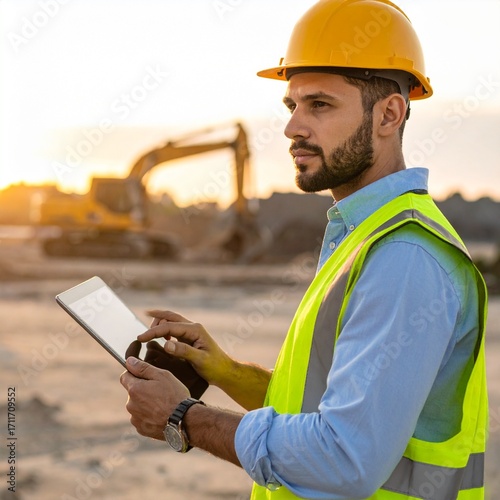 Construction Site Manager Using Tablet for Project Oversight