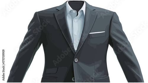 A studio shot of a dark grey men's suit jacket. The jacket is single-breasted, with visible buttons and a pocket square in the breast pocket. A light grey shirt is visible underneath the jacket