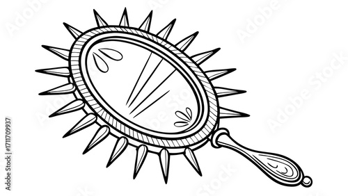 Decorative hand mirror with spikes and intricate design in black and white line art illustration creates an edgy aesthetic