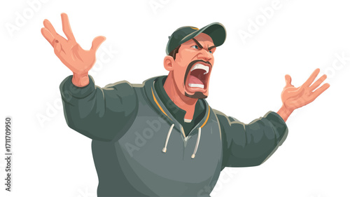 A digital illustration depicting a caricature of an angry man. The man is depicted from the chest up, with his arms outstretched and his mouth open in a yell. His facial expression is one of
