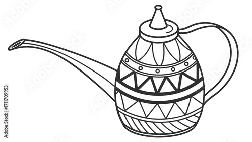 Decorative oil dispenser with spout and handle, adorned with geometric patterns, in a vintage style illustration