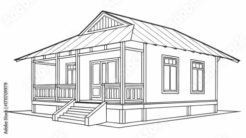 Detailed line art illustration of a cozy house with a porch and gable roof, showcasing architectural design and structure