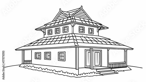 Detailed line art illustration of a two-story traditional house with intricate roof design and window details, showcasing architectural elegance