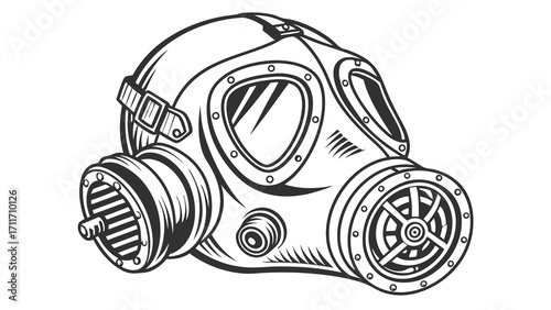 Detailed line art illustration of a steampunk-style gas mask with intricate filters and vintage design elements for creative projects