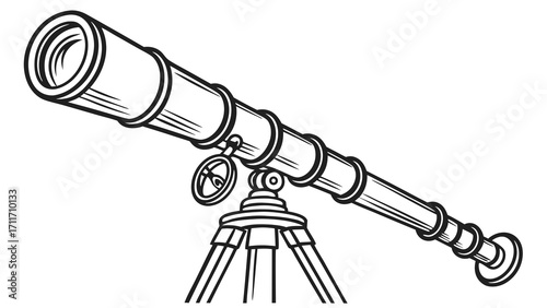 Detailed line art illustration of a vintage telescope on a tripod stand for celestial observation and exploration