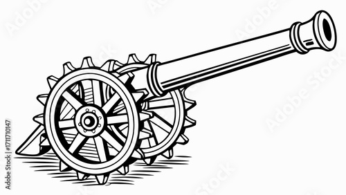 Detailed line art illustration of a vintage cannon with spoked wheels and intricate barrel design, perfect for historical themes