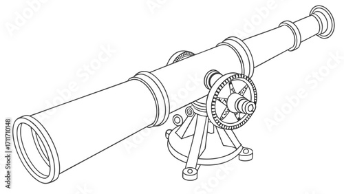 Detailed line art illustration of a vintage telescope with intricate mechanical details and a sturdy, adjustable base for astronomy observations.