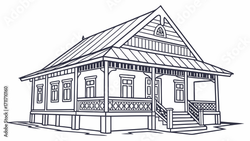 Detailed line art illustration of a traditional stilt house featuring intricate architectural details and a gable roof design