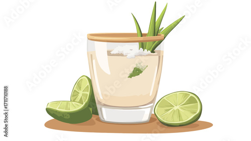 A digital illustration depicts a short glass filled with a creamy white cocktail.  The cocktail is garnished with an aloe vera plant sprig. Two lime wedges are positioned on either side of the