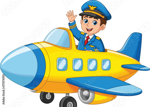 Cartoon pilot flying yellow airplane, cute boy pilot waving hand, aviation travel character, happy child in cockpit, isolated vector illustration for kids.