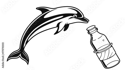 Dolphin jumping near a plastic bottle in the ocean representing environmental pollution and marine conservation efforts