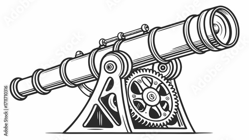 Detailed vector illustration of a vintage telescope with stand and gears in black and white design showcasing astronomical exploration