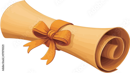 A digital illustration of a rolled-up parchment scroll tied with an orange ribbon, presented at a three-quarter angle.  The scroll is light yellowish-orange, suggesting aged or antique paper