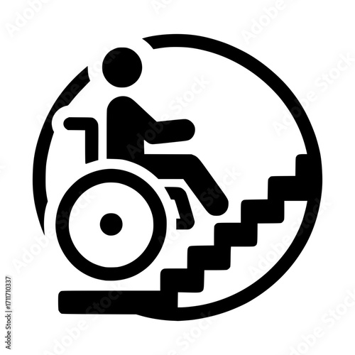 Stair climbing wheelchair with person black vector icon with transparent background 