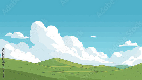 A digital illustration depicting a landscape of rolling green hills under a bright blue sky filled with large, fluffy white cumulus clouds. The style is cartoonish or stylized, with smooth