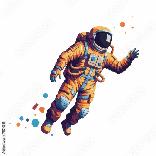 Astronaut in orange spacesuit floating in space with colorful particles.