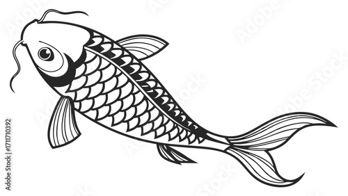 Elegant Koi Fish with Intricate Scales in Black and White Line Art Style for Asian Art and Decoration
