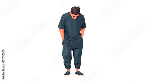 Digital illustration of a man wearing dark teal scrubs, standing with his head bowed and hands in his pockets against a solid white background. The style is stylized and painterly