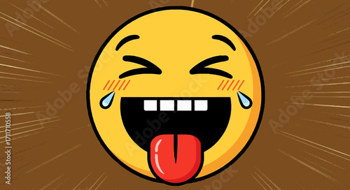 Cartoon emoji with tongue out laughing on brown background
