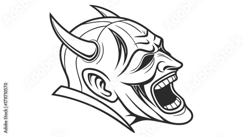 Illustration of a menacing devil head with horns, sharp teeth, and an open mouth, conveying anger and aggression in detailed line art