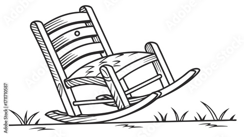 Illustrated rocking chair with grass evokes relaxation and simple living in black and white line art style, perfect for cozy themes