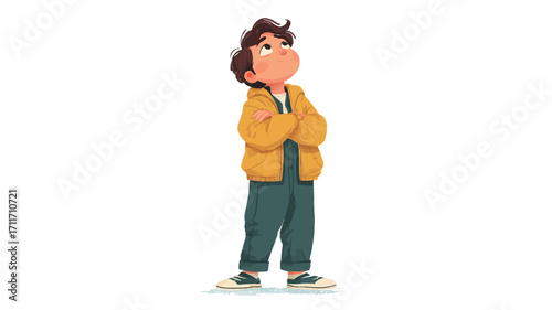 A digital illustration of a child, possibly a boy or girl, rendered in a cartoonish style. The child has brown hair, and is wearing a yellow jacket and teal or green overalls. The character is
