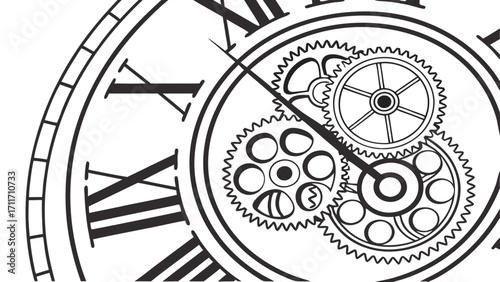 Intricate clockwork mechanism with Roman numerals showcasing gear technology and timekeeping precision in monochrome line art