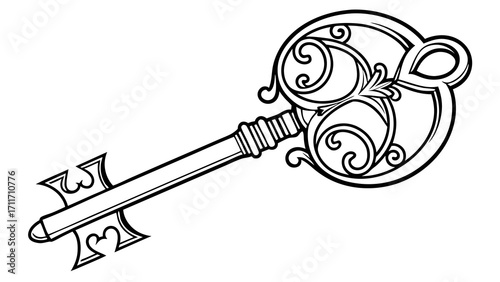 Intricate vintage key illustration featuring ornate details and elegant swirls, perfect for designs requiring an antique or classic touch