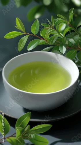 Wallpaper Mural A white bowl of green tea sits on a black plate with green leaves. The bowl is filled with a clear liquid, and the leaves are visible on the plate. Concept of calm and relaxation Torontodigital.ca