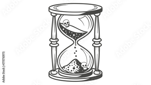 Monochrome vector illustration of a vintage hourglass with skulls symbolizing mortality and the passage of time