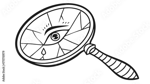 Magnifying glass revealing a crying eye with a tear, surrounded by fractured lines and a striped handle design