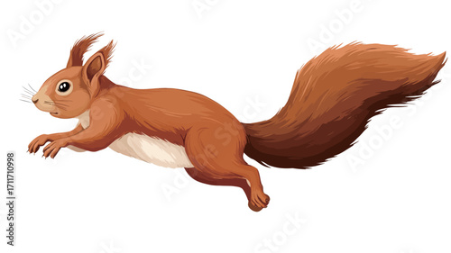 A digital illustration of a red squirrel in mid-leap. The squirrel is predominantly reddish-brown in color with a lighter, almost white underbelly.  Its tail is large and bushy, contributing