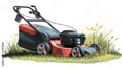 An illustration of a red and black lawnmower sitting on a patch of green grass. The illustration style appears to be hand-drawn or painted, with visible brushstrokes.  The lawnmower is shown in