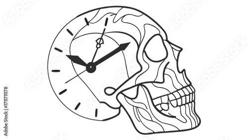 Skull and Clock Fusion Art, Time and Mortality Conceptual Illustration in Detailed Line Art Style for Design Projects