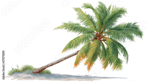 An illustration of a single coconut palm tree leaning to the right. The tree is depicted against a white background, appearing to be isolated.  The leaves are detailed with variations in shades of