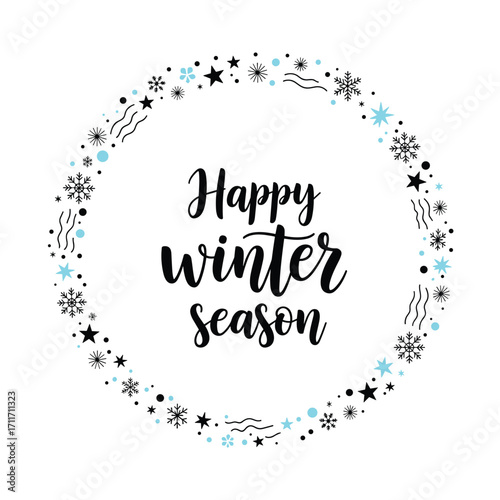 Happy winter season decorative festive circle with snowflakes and stars.