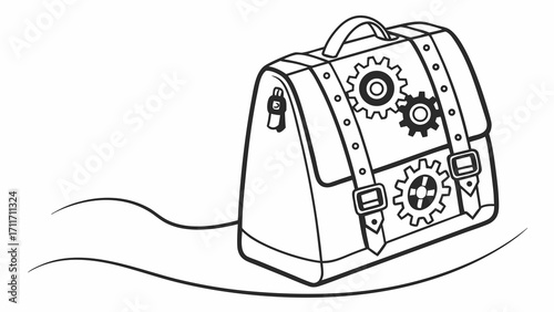 Steampunk style satchel vector illustration with gears and straps in detailed line art design creating a retro futuristic aesthetic