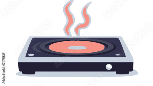 A digital illustration depicting a top-down view of a single electric hot plate. The hot plate is rectangular with a circular, glowing red heating element in the center.  Two stylized orange steam