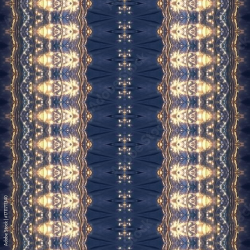 Abstract kaleidoscope with glowing lights, symmetrical mandala in navy and gold, luminous decorative design, seamless luxury background for ornamental art.