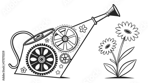 Steampunk watering can with gears and flowers illustration for creative gardening projects and design