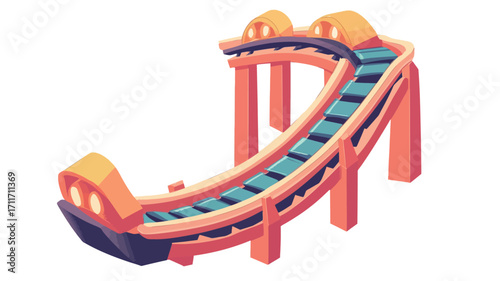 Isometric illustration of a curved conveyor belt system. The conveyor is depicted in shades of orange, pink, and blue, with a simplified, cartoonish style. The illustration is set against a white